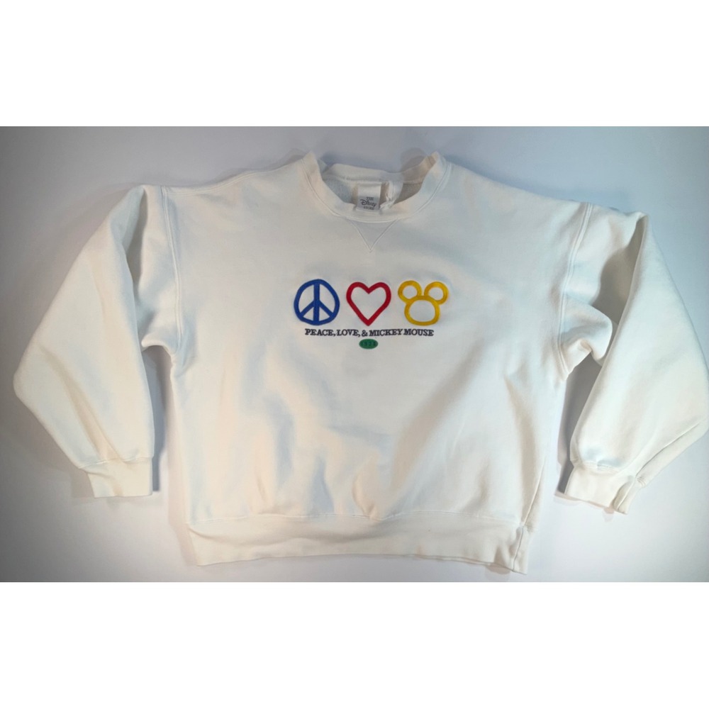 Disney Store Peace Love Mickey Mouse Sweatshirt White Embroidered Vintage Style